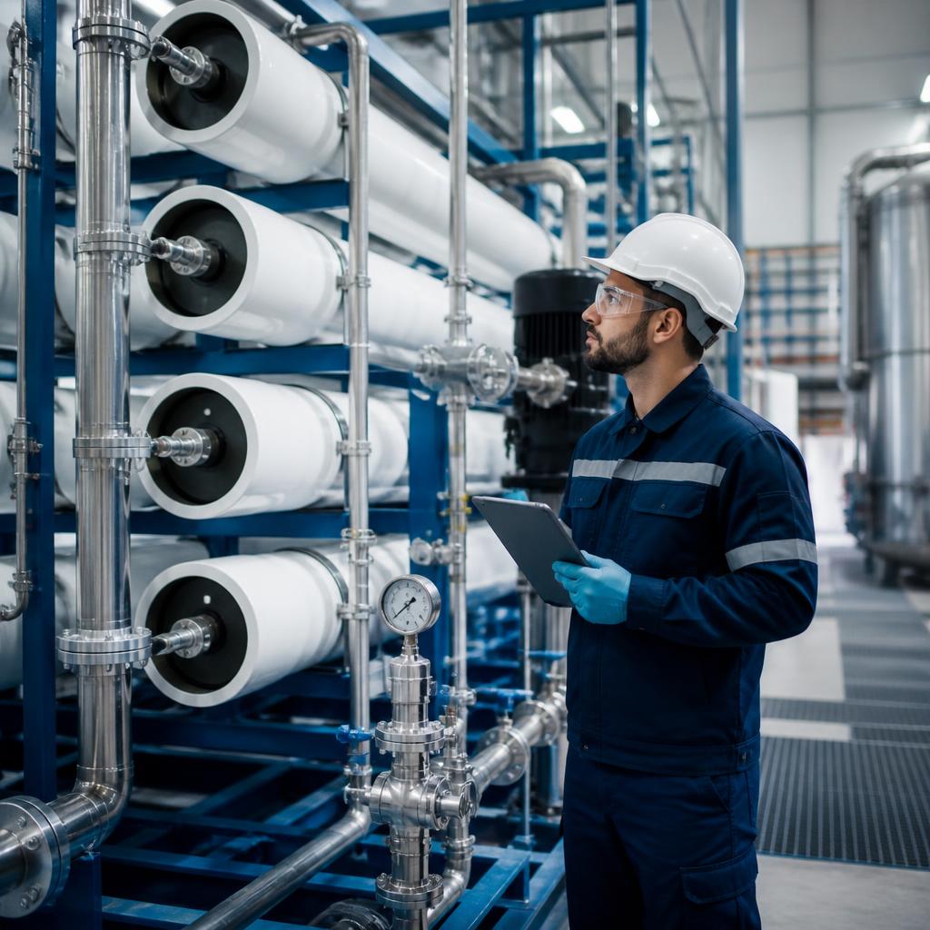 Technician inspecting a reverse-osmosis water-treatment system